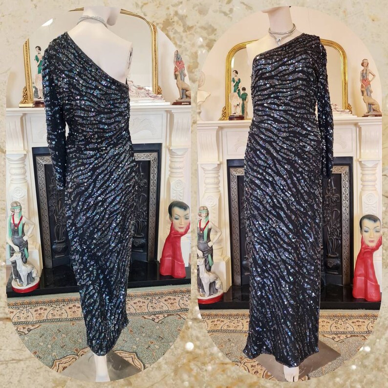 Hollywood goddess midnight blue stage performance Rifat Ozbek designer sequined maxi dress flapper 1920s 1930s dress gown size UK 12 US 8 image 5