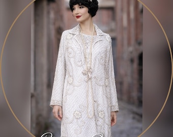One of a kind off white beaded Art Deco silk 1920s flapper Charleston coat long jacket coat duster with beaded appliqué UK 8 US 4