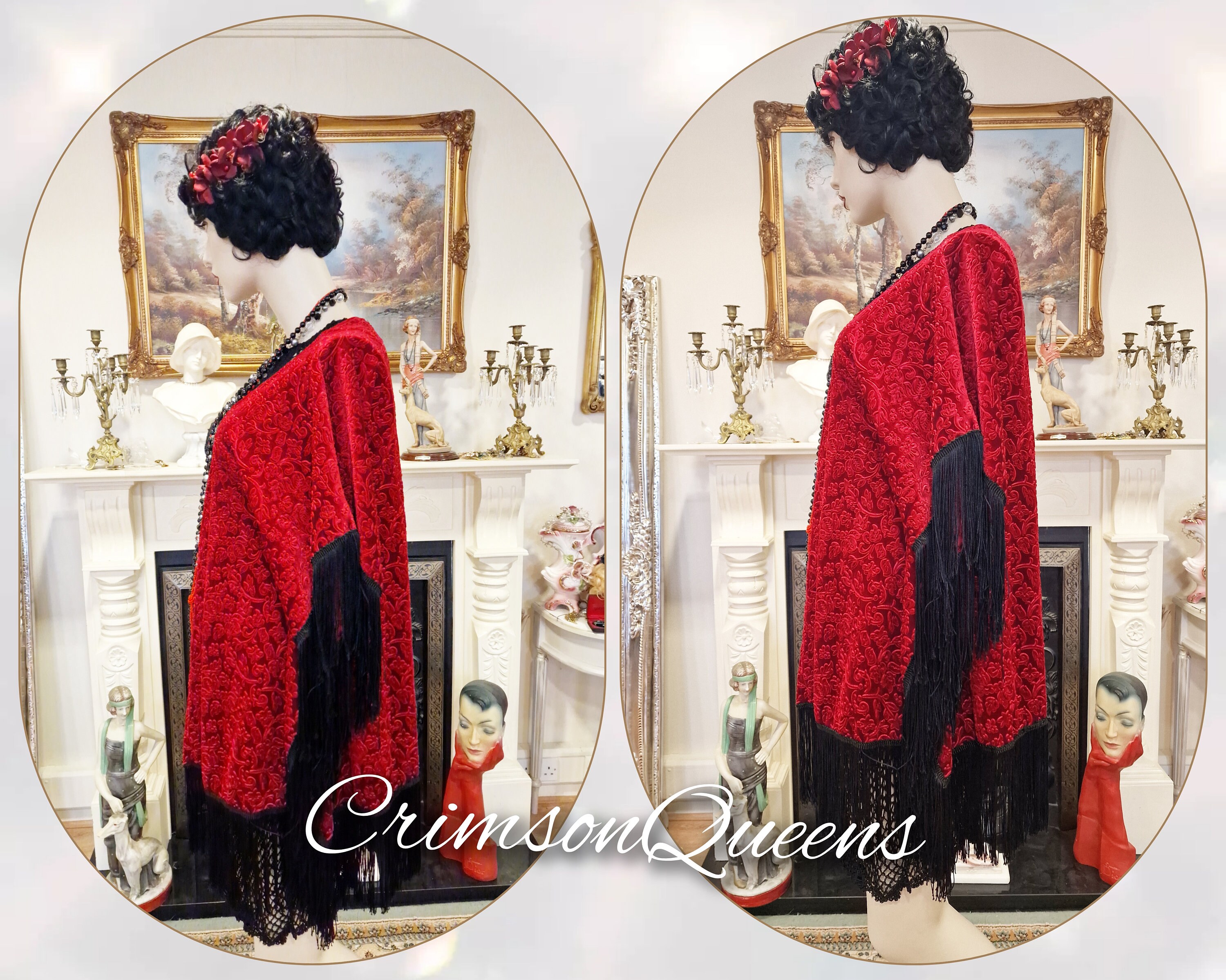 Vintage Crimson Red Oriental Art Deco Devore Fringe Tassel Damask