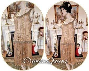 Vintage 1920s 1930s silk semi-sheer summer gold beige heavily beaded flapper Great Gatsby Downton Abbey dress  UK 8 10 US 4 6