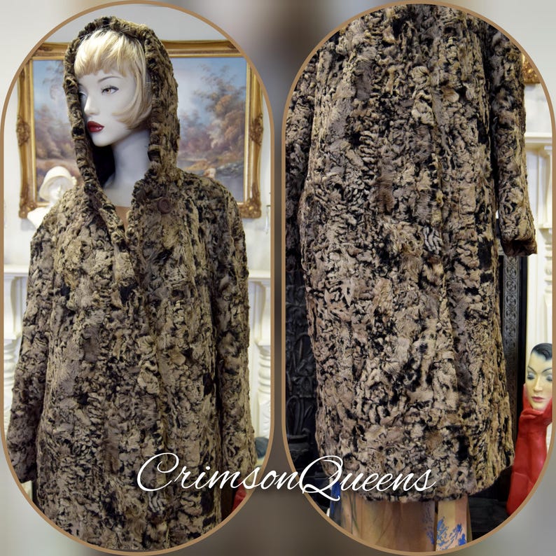 May include: A hooded coat with a textured pattern in shades of brown and black. The coat is displayed on a mannequin. The text "Crimson Queens" is visible on the image.