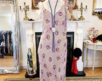 Vintage silk hand violet peacock silk 1920s Great Gatsby flapper style bias cut dress size Uk 8  US 4