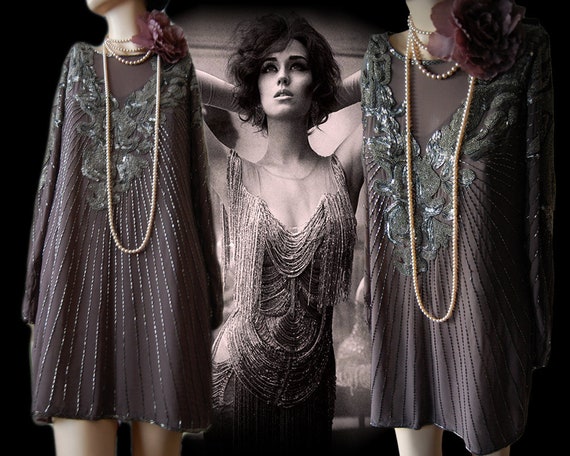 Flapper Dress 1920s Dress Great Gatsby Dress Art Deco Dress Vintage Silver Silk Dress Heavily Beaded Dress Size UK 6 8 US 0 2 4 Etsy