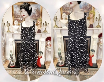 Vintage silk chiffon polka-dot spotted black and white 1920s garden cocktail every day casual frilled dress UK 16/18 US 12/14