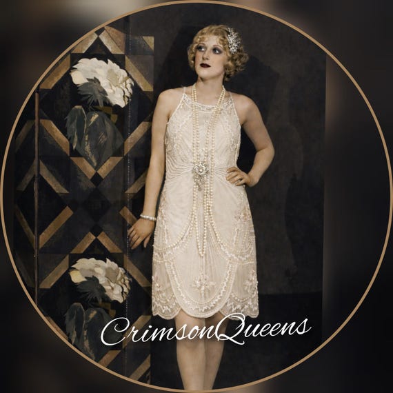 cream beaded flapper dress Art Deco Downton Abbey Flapper 1920s Great Gatsby Vintage Embellished Beaded  Cream Floral Evening Wedding Dress Size UK 6 US 2 XS