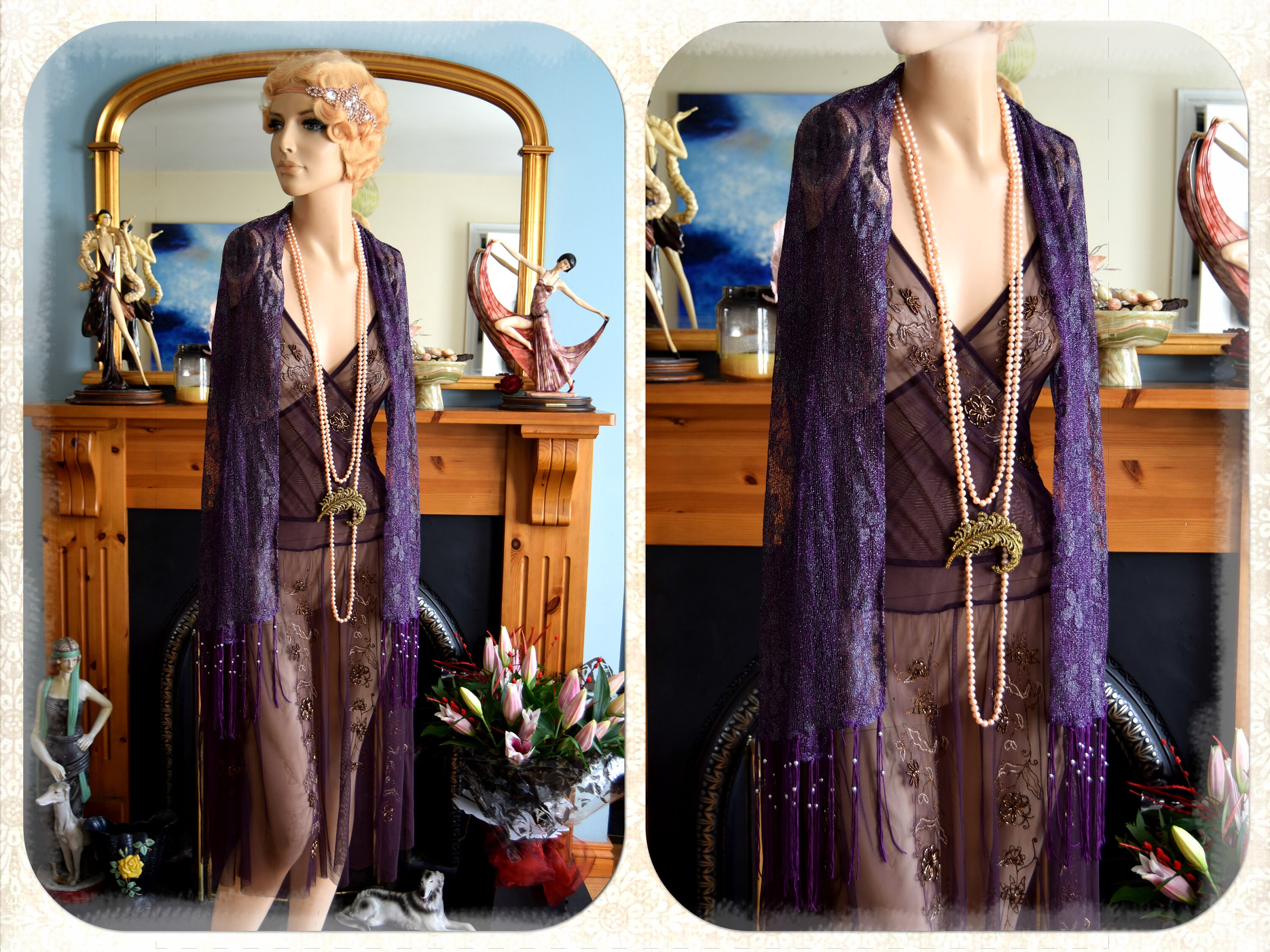 Image of 's Art Deco Great Gatsby Flapper Charlestonvintage Beaded Sheer Mesh Gold Embroidered Dress Avant Garde Size Uk  Us