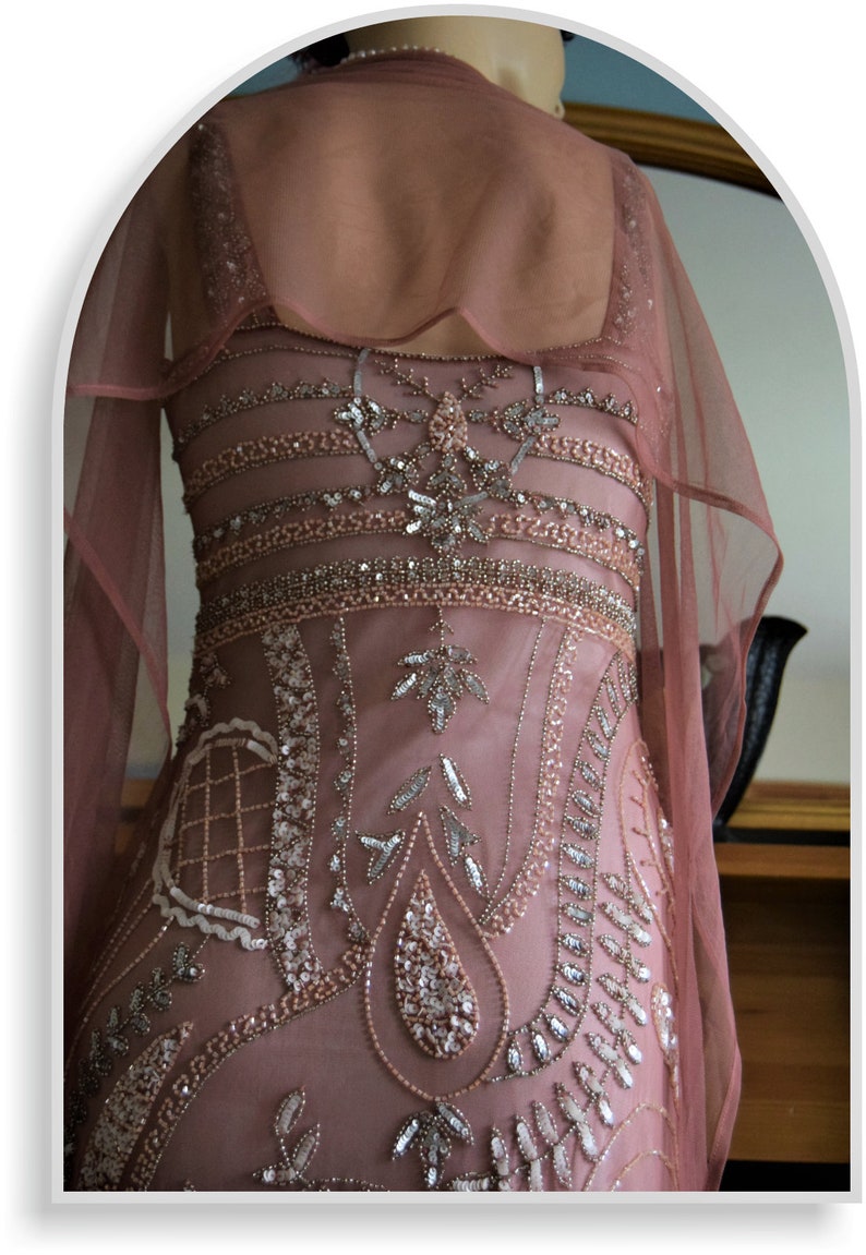 Downton Abbey Dress Great Gatsby dress Flapper Dress 1920s dress flapper beaded dress Dusty Pink 1930s evening dress Size UK 16 US 12