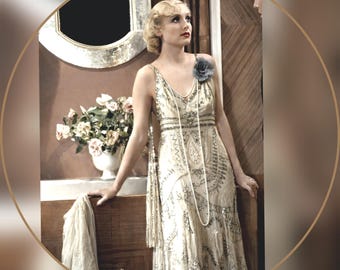 Art Deco Downton Abbey Vintage Embellished Beaded Cream Silver Gold Floral Dress Evening Gown Size UK 14 US 10