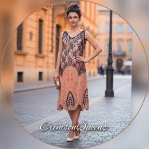 Beautiful Art Deco 1920's  rusty orange gold beaded heavily embellished scalloped flapper 1920s dress size UK 10 UK 6