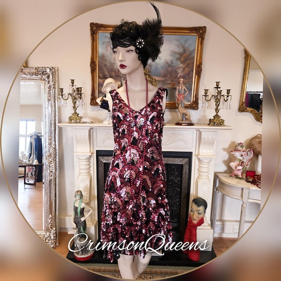 Flapper burgundy,Downton Abbey 1920s gold dress, Great Gatsby silver gold heavily sequinned shell Flapper dress UK 8 US 4