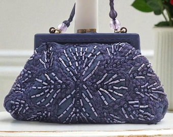 Art Deco vintage 1920s flapper  blue beaded embellished cocktail evening bag purse