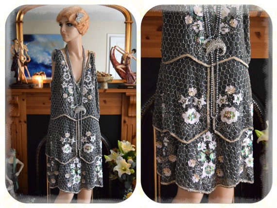 1920s dress Art Deco dress Flapper bead dress Gre… - image 2