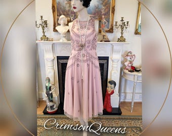 Art Deco Downton Abbey 1920s flapper wedding vintage embellished beaded sequined formal pink floral Dress evening gown size UK 8 US 4