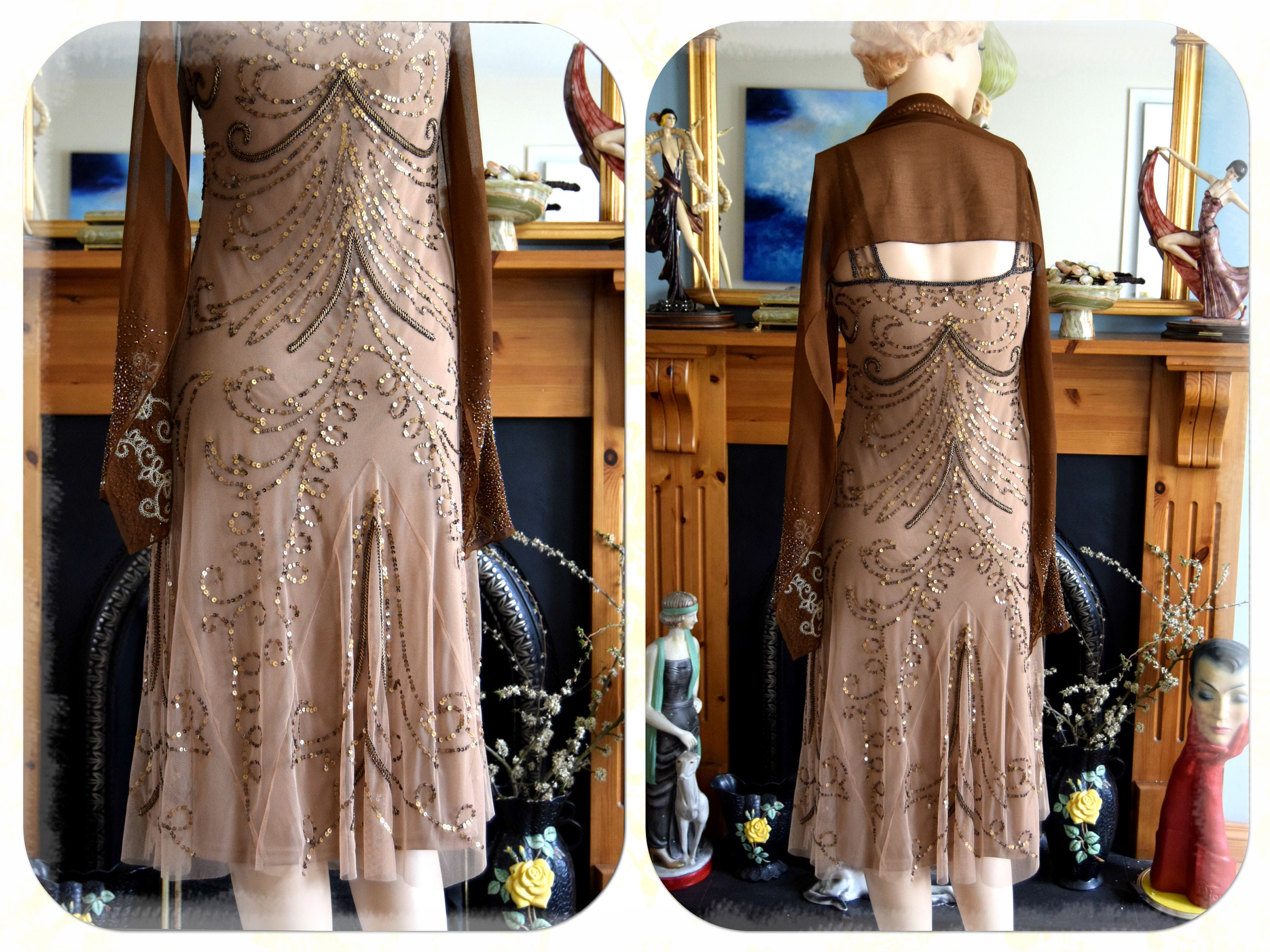 CrimsonQueens Petite Flapper Dress Great Gatsby Art Deco Dress Downton Abbey Vintage Embellished Toffee Gold Dress Evening Gown Size UK 10 US 6