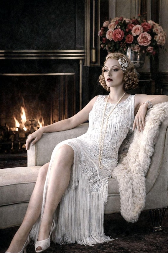 Flapper Charleston Gatsby vintage beaded tassel fringe wedding cocktail gown Avant Ga off White dress size UK 10 12 US 6 8 Flapper Charleston Gatsby vintage beaded tassel fringe wedding cocktail gown Avant Ga off White dress size UK 10 12 US 6 8