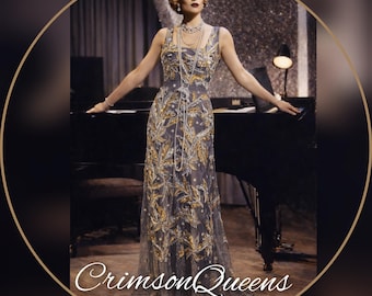 Vestido vintage de Downton Abbey con adornos, cuentas, bordados, hojas plateadas, plumas y un toque dorado. Tallas: Reino Unido 4, 6, EE. UU. 0, 2.