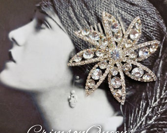 Art Deco Vintage Great Gatsby 1920s crystal rhninestone  small flower Art Deco  statement silver wedding comb headpiece