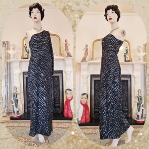 Hollywood goddess midnight blue stage performance Rifat Ozbek designer sequined maxi dress flapper 1920s 1930s dress gown size UK 12 US 8 image 7