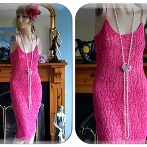 Vintage Crochet Downton Abbey 1920's 30's garden cocktail party magenta pink day dress size UK 10 US 6 image 3