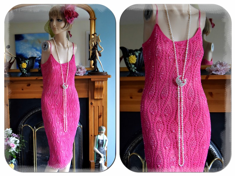 Vintage Crochet Downton Abbey 1920's 30's garden cocktail party magenta pink day dress size UK 10 US 6 image 3