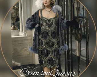 Vintage heavily embellished beads sequins Great Gatsby flapper 1920s luxurious statement navy midnight blue glitzy dress size UK 14 US 10