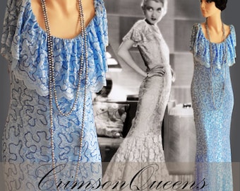Divine Vintage Sky Blue Downton Abbey Maxi Lace Dress  1920's style cocktail dress Size UK 10 US 6