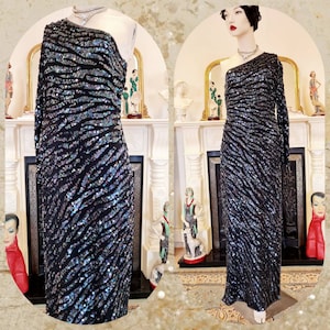 Hollywood goddess midnight blue stage performance Rifat Ozbek designer sequined maxi dress flapper 1920s 1930s dress gown size UK 12 US 8 image 1