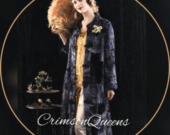 Vintage luxurious Art Deco soft peacock blue mesmerizing velvet opera avant garde Fur 1920s flapper coat jacket embroidered UK 10 12 US 6 8