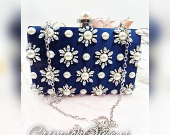 Art Deco Beautiful Black Gold Clutch  beaded and embellished  midnight blue evening bag
