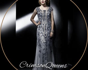Vestido Art Déco estilo Downton Abbey, de inspiración vintage, adornado con cuentas plateadas, talla UK 12 US 8.