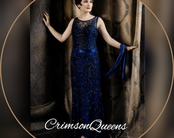 Flapper dress 1920s dress Great Gatsby Gown Downton Abbey Gown Vintage gown Blue evening dress Midnight Beaded Evening Dress Uk  12 US 8