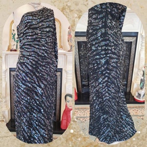 Hollywood goddess midnight blue stage performance Rifat Ozbek designer sequined maxi dress flapper 1920s 1930s dress gown size UK 12 US 8 image 6