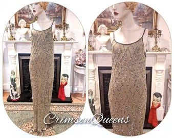 Spectacular vintage 1920s illusion flapper Downton Abbey Great Gatsby 1920s gold beaded embellished net dress gown Marilyn Monroe UK 12 US 8