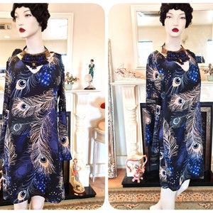 1920s flapper oriental navy blue peacock gold leaves botanical vintage Biba tunic Art Deco dress Great Gatsby floral size UK 12  US 8