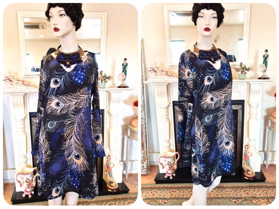 1920s flapper oriental navy blue peacock gold lea… - image 1