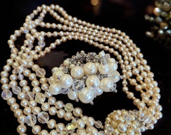 Vintage statement 1920's style 1940s simulated multistrand five strand pearl necklace matinee with large ornate silver clasp and bracelet