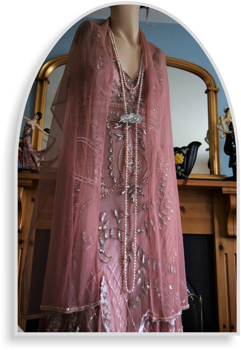 Downton Abbey Dress Great Gatsby dress Flapper Dress 1920s dress flapper beaded dress Dusty Pink 1930s evening dress Size UK 16 US 12