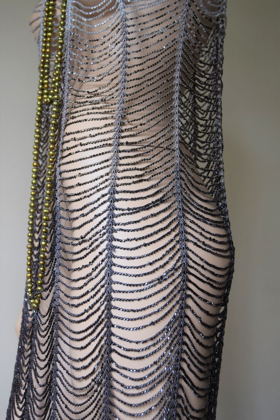 Vijiv Art Deco Beaded Flapper Dress - Great Gatsby 1920s Inspired, Sequined Tassel Hem, Blue, X-Small