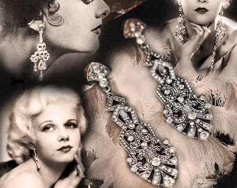 Large drop dangling vintage marcasite diamond crystal Downton Abbey silver 20&#39;s flapper wedding bridal  Art Deco jewelery long earrings