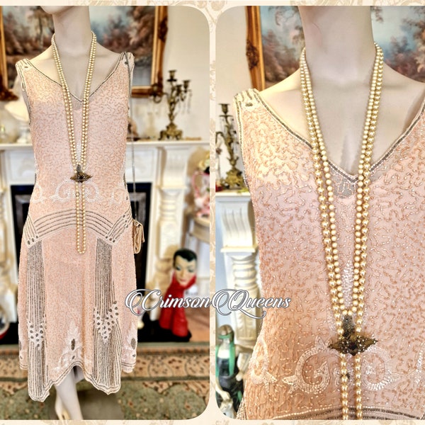 Vintage silk Great Gatsby gold nude shell of glass beads extrordinary flapper dress 1920s beaded embellished dress UK 10 US 6