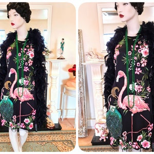 Rare Matthew Williamson summer vintage 1920s Great Gatsby flamingo kitch stunning embroidery black floral dress  UK 14 16 US 10 12