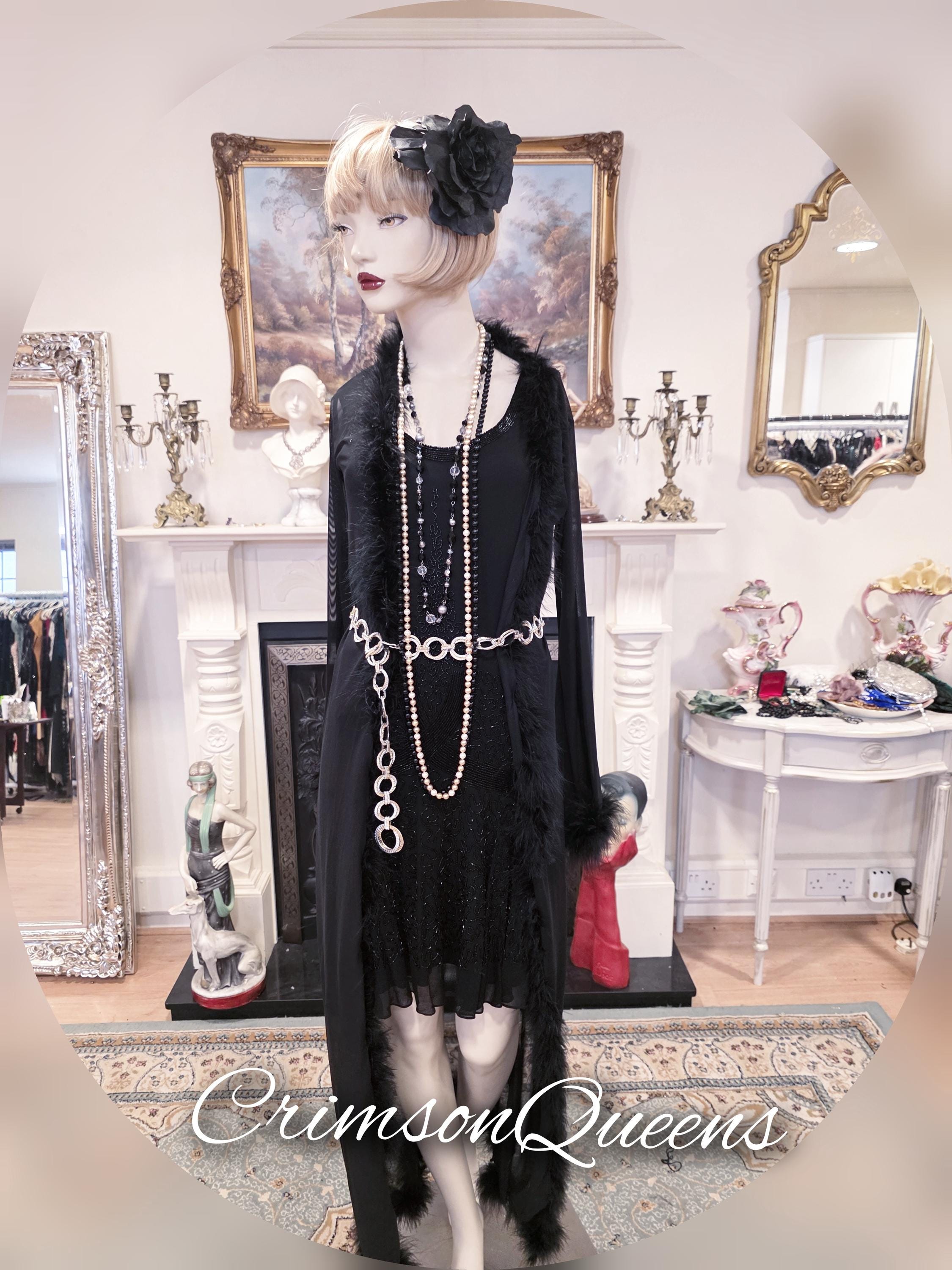 Biba, 1920s flapper lvintage Biba Art Deco braded dress Great Gatsby floral size UK 6 US 2 with a black duster