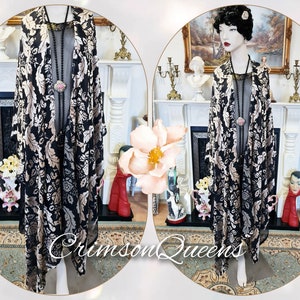 Vintage black silver oriental Art Deco silk Devore damask  statement duster 1920s piano flapper wrap shawl