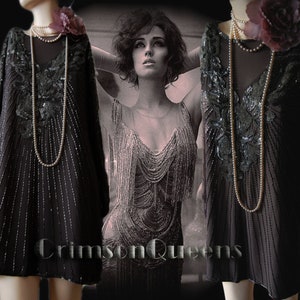 Vestido estilo flapper negro, vestido de los años 20, vestido del Gran Gatsby, vestido Art Decó, vestido de seda plateado vintage, vestido con muchas cuentas, talla 8 del Reino Unido, 4 de EE. UU.
