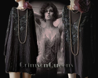 Black flapper dress 1920s dress Great Gatsby dress Art Deco dress vintage silver Silk dress heavily beaded dress size UK 8 US 4