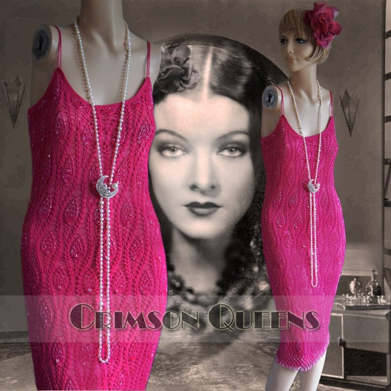 Vintage Crochet Downton Abbey 1920's 30's garden cocktail party magenta pink day dress size UK 10 US 6 image 5