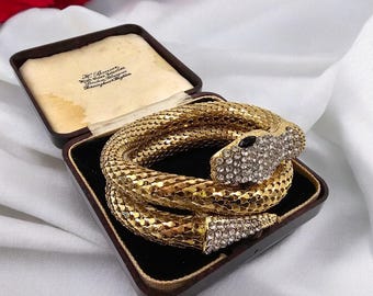 Beautiful  Art Deco crystal rhinestone statement gold snake chunky bracelet