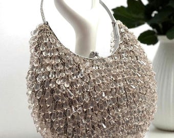 Flapper evening bag 1920s tasseled bag flapper beaded bag vintage beaded bag pale gold crochet beaded bag Art Deco evening bag purse