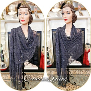 Vintage Mesh Graphit Silber große Pailletten Art Deco Flapper 1920er Jahre Schal wickeln