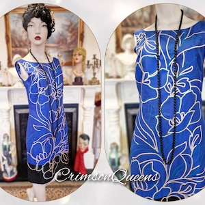 Vestido estilo flapper vintage azul oriental Downton Abbey de los años 20 con lentejuelas y adornos de cuentas, estilo Gran Gatsby, 100 % seda. Talla 10 (Reino Unido) y 6 (EE. UU.).